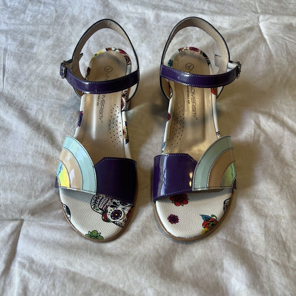 Unity In Diversity Leather Block Heel Sandals Pur… - image 2